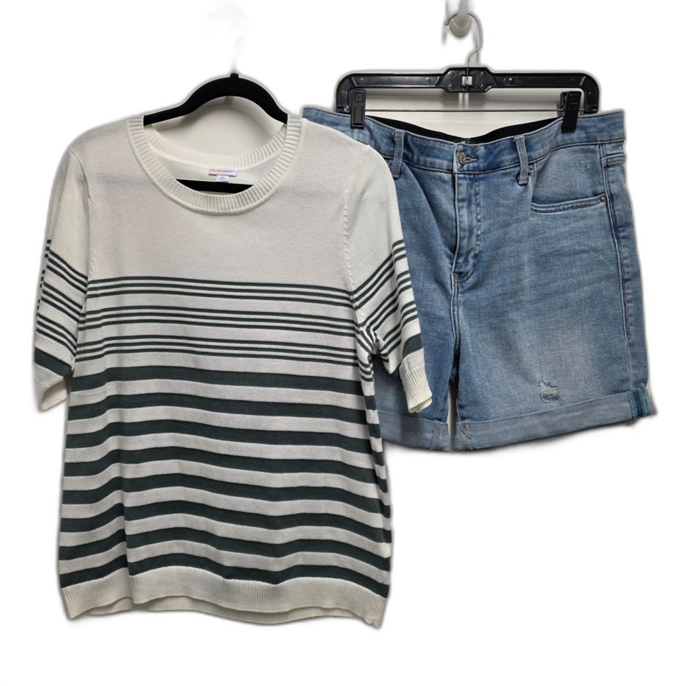 LuLaRoe Jacee Sweater XL & LuLaRoe Denim Shorts Size 34 Outfit Bundle EUC